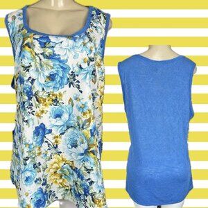Bobeau Plus 2X Blue Floral Print Front Mixed Material Scoop Neck Sleeveless Top